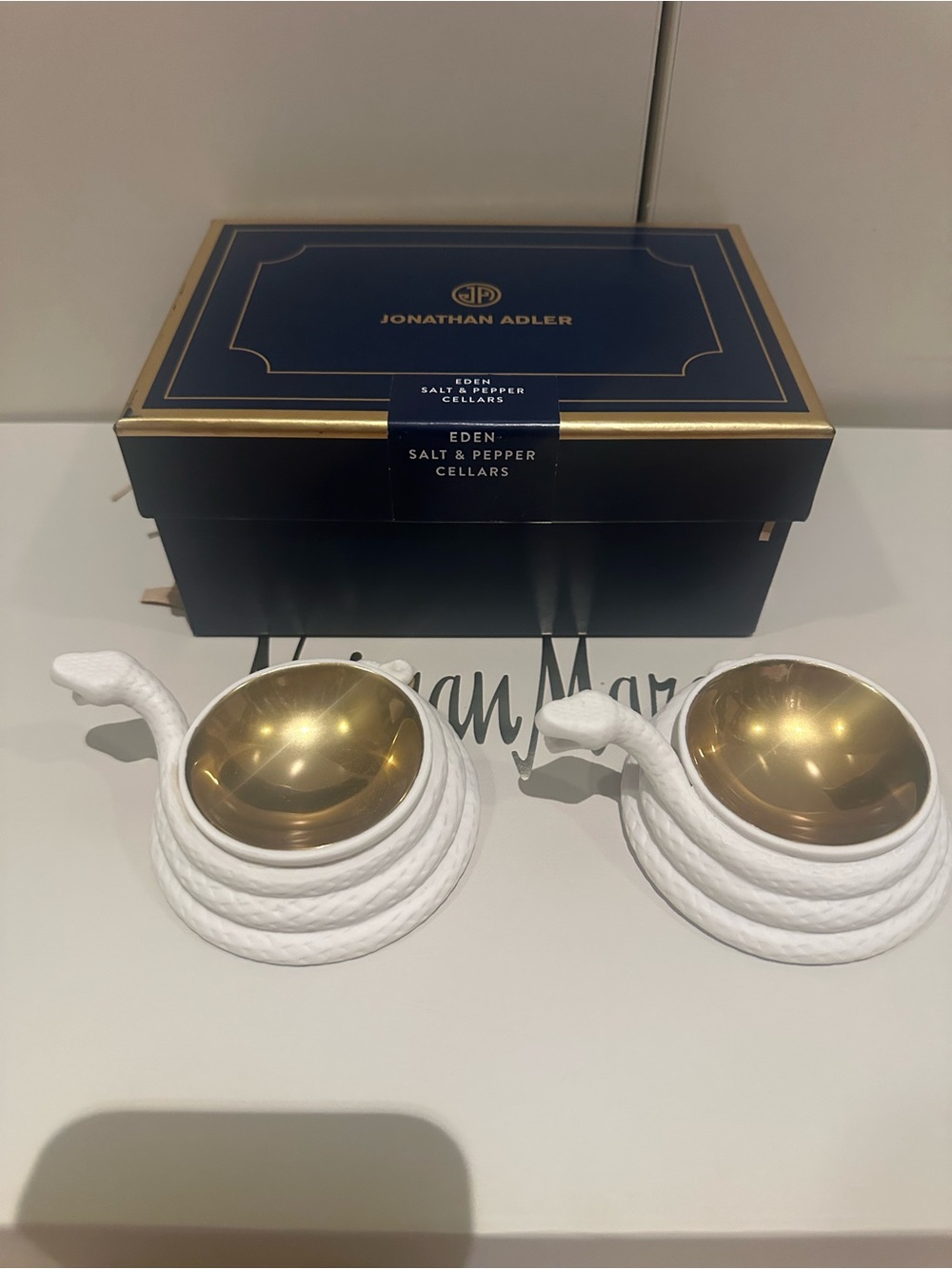 Jonathan Adler White Ceramic Snake Salt & Pepper Cellars with Gold-Tone Bowls